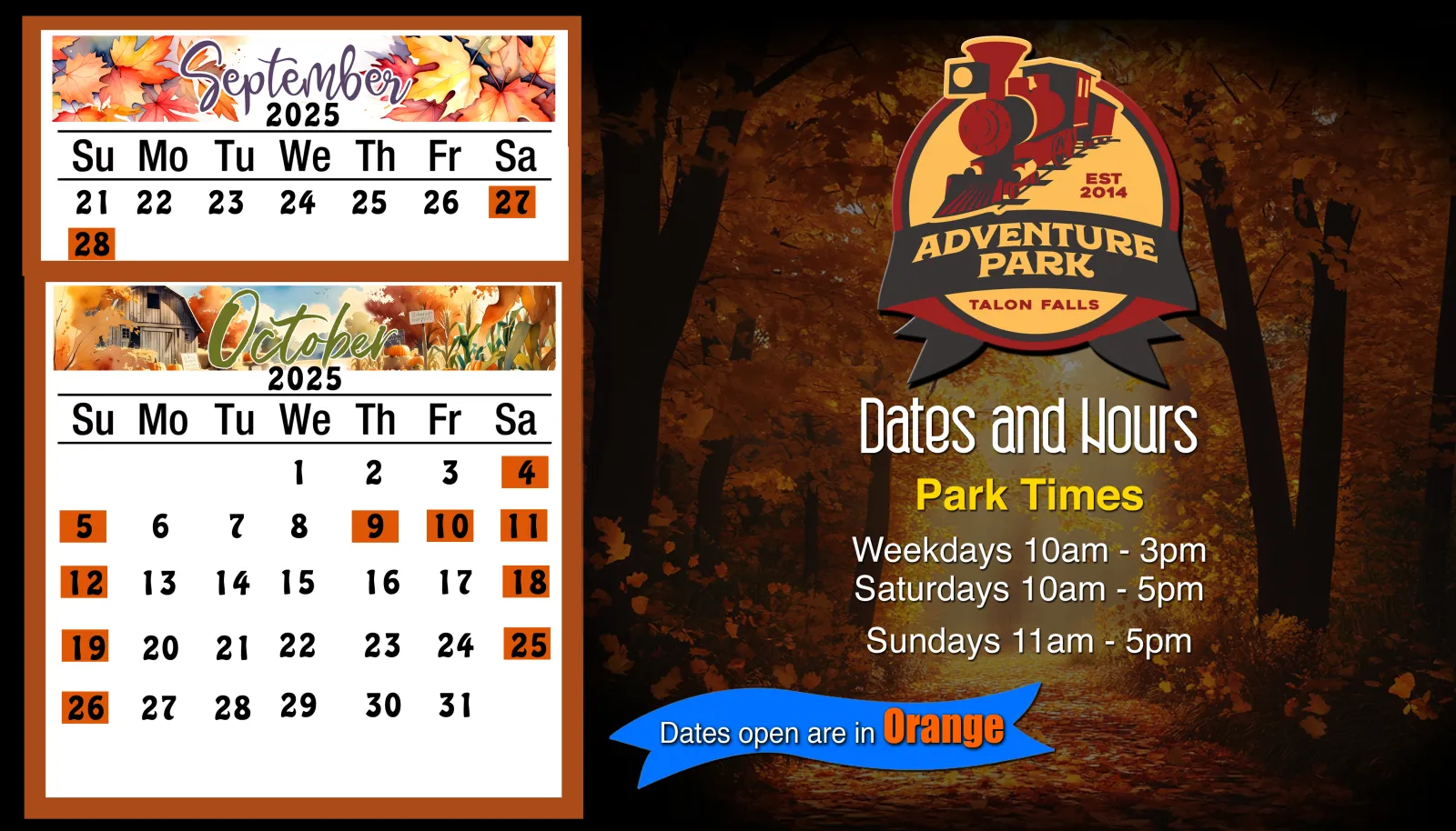 17590994252788-2025-A-park-Dates Adventure Park calendar for Sept-Oct 2025, open dates in orange with operation hours listed.